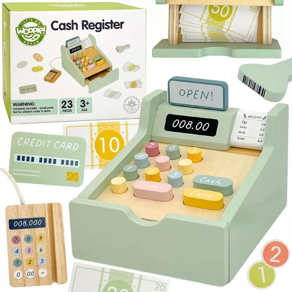 WOOPIE GREEN Medinė edukacinė parduotuvė Atsiskaitymas su priedais 23 vnt.